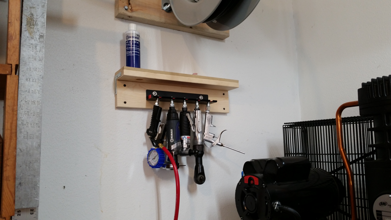 Part of the reasoning for the shelf is that it’ll help keep some amount of dust and dirt out of the tools. If they seem to be getting dirty, I’ll have to get some sort of little caps to put on the ends when hanging there.